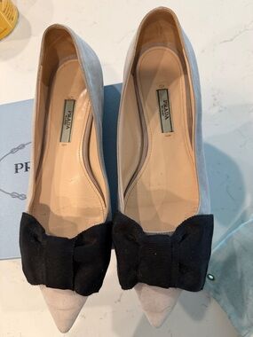 Prada Two-Tone Pointed Bow Suede Flats in Light Gray and Black
